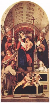  Madonna Painting - Madonna and Child with Sts Dominic Gregory and Urban Renaissance Lorenzo Lotto